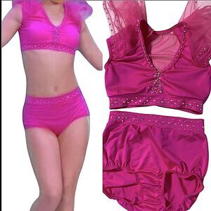 Kelle dance jazz acro solo duet costume 2 piece hot pink rhinestoned LC child